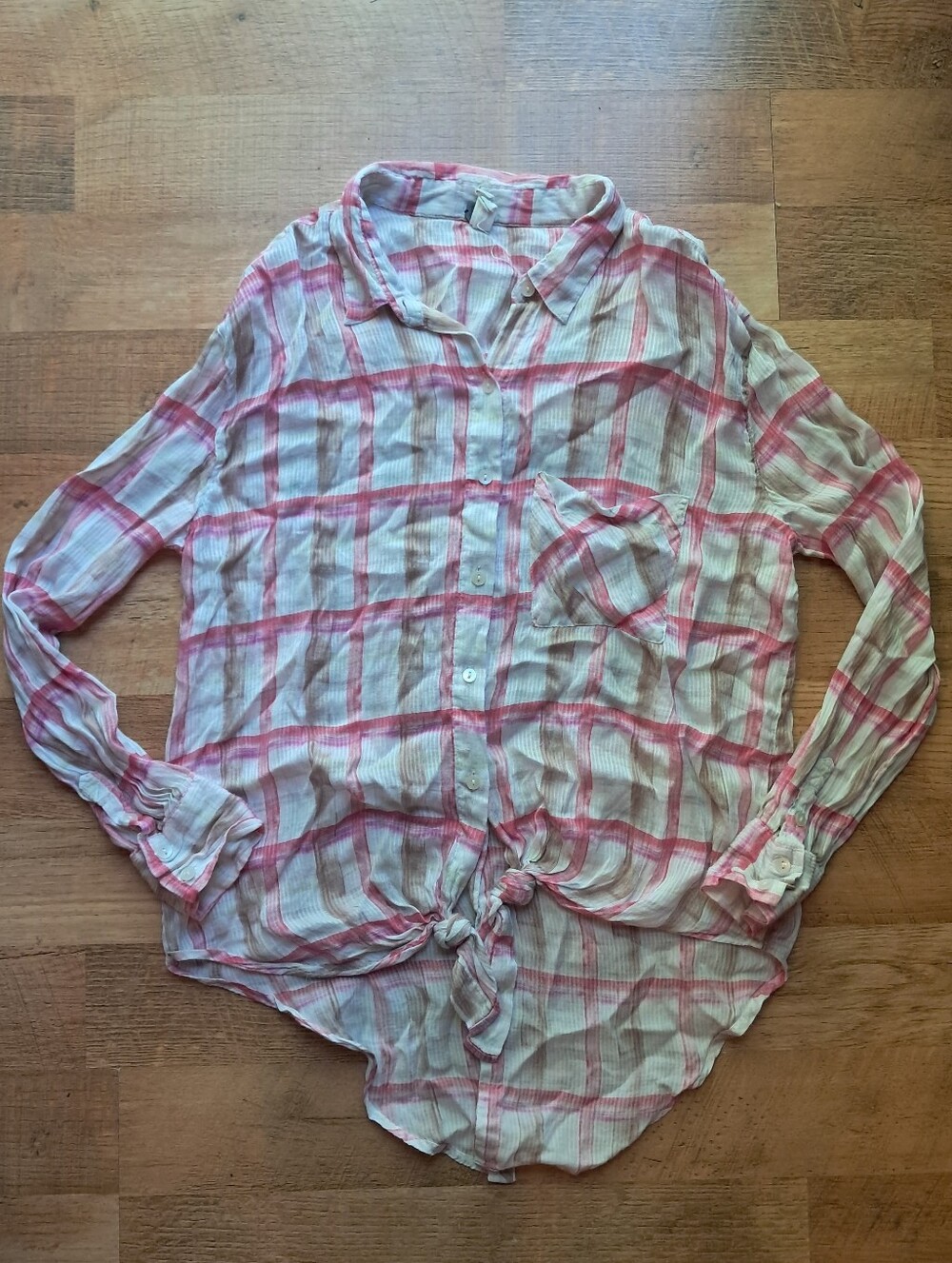 We The Free Pink and White Plaid Button-Up Top
